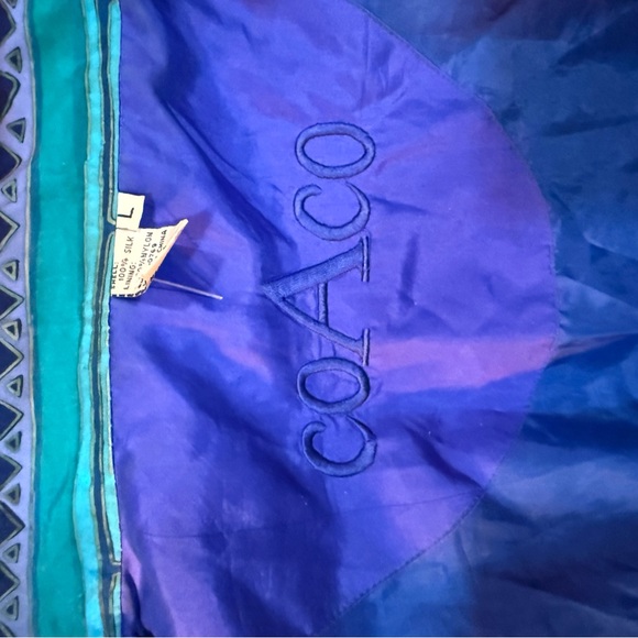 Vintage COACO 100% Silk Bomber Jacket Blue Teal Geometric Print Sz L - Picture 6 of 10